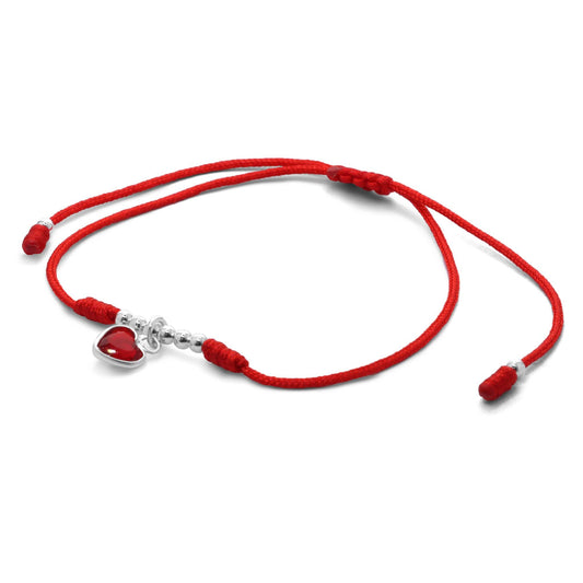 Pulsera de Plata - Hilo con Esferas y Corazón de Circón Rojo