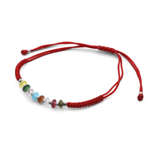 Pulsera de Plata - Hilo Rojo con Piedra Ágata Semi Planas y Esferas Lisas