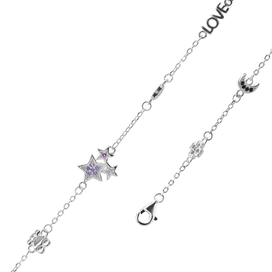 Pulsera de Plata - LOVE con Estrellas y Figuras con Circones de Colores