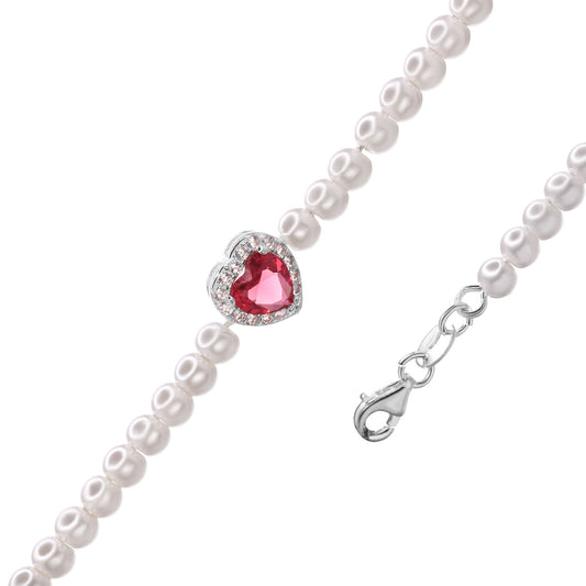Pulsera de Plata - Perla de Imitación con Dije Corazón Magenta y Circones