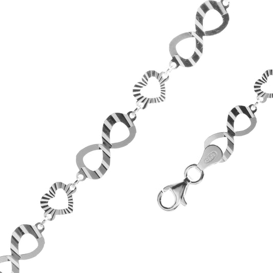 Pulsera de Plata Placas Biseladas de Infinito y Corazones