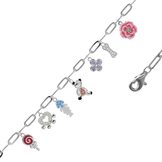 Pulsera de Plata Serie de Dijes con Flor Esmaltada y Circones