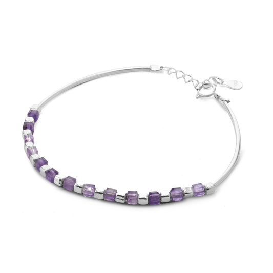 Pulsera de Plata - Tubular con Cuadrados y Amatista