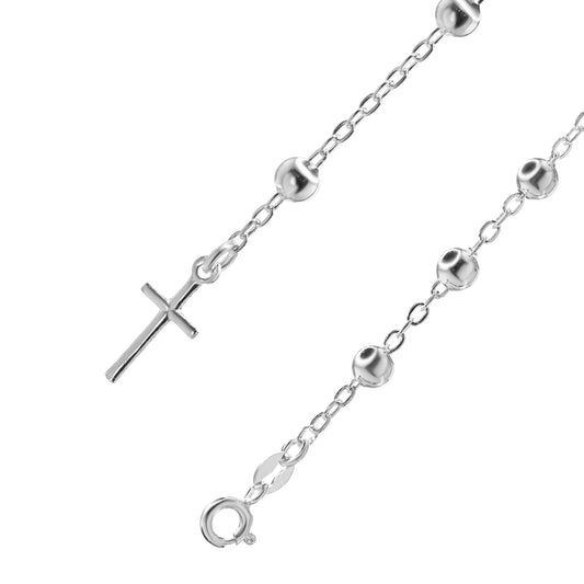 Pulsera Denario Plata Cruz de Punta y Esferas Lisas 5 mm