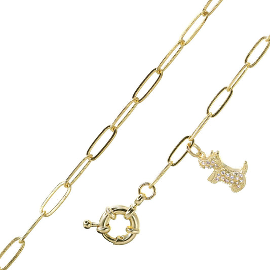 Pulsera Enchapada en Oro Broche Timón con Colgante Perro de Circones y Eslabones Ovalados