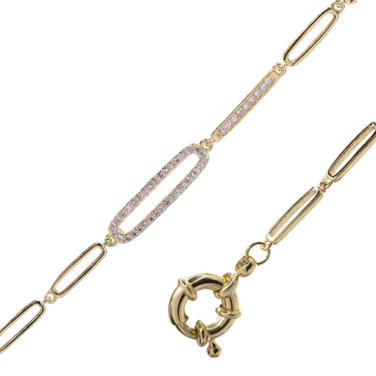 Pulsera Enchapada en Oro Eslabones Ovalados con Barras de Circones