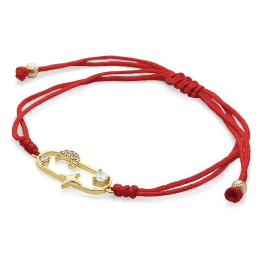 Pulsera Enchapada en Oro Hilo Rojo con Dije - Luna y Estrellas con Circones