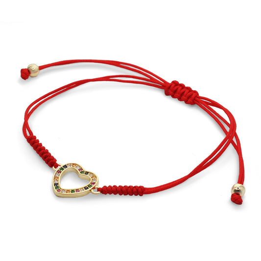 Pulsera Enchapada en Oro Hilo Rojo con - Corazón y Circones de Colores