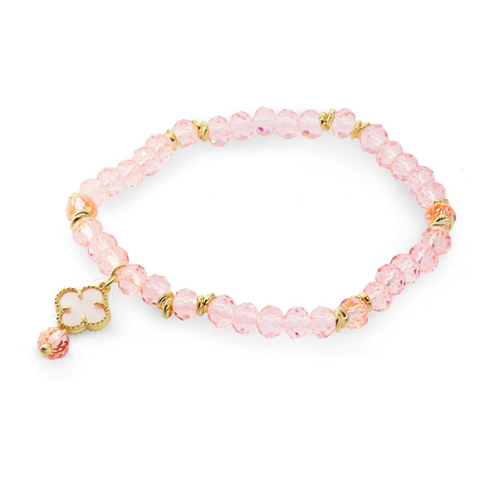Pulsera Enchapada en Oro Terminales Dorados con Cristales Rosas y Dije de Flor