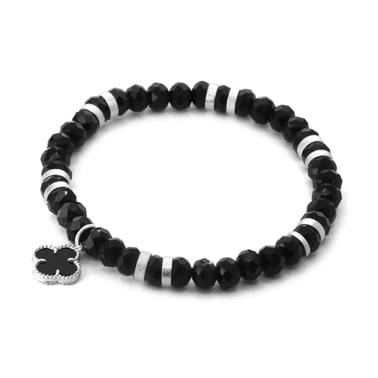 Pulsera Enchapada en Plata Cristales Negros con Dije de Flor