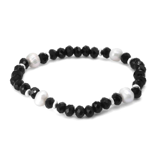 Pulsera Enchapada en Plata Cristales Negros con Perlas de Río