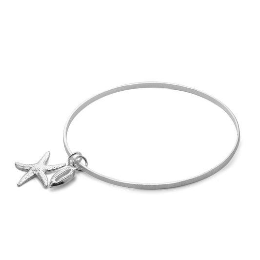 Pulsera Enchapada en Plata Esclava Delgada con Dijes de Estrella de Mar y Concha