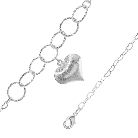 Pulsera Enchapada en Plata Eslabones Mixtos Corazón y Redondo con Corazón Satinado