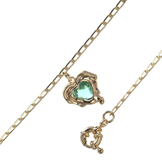 Pulsera Enchapado en Oro Diseño Corazón Colgante Verde con Broche Timón
