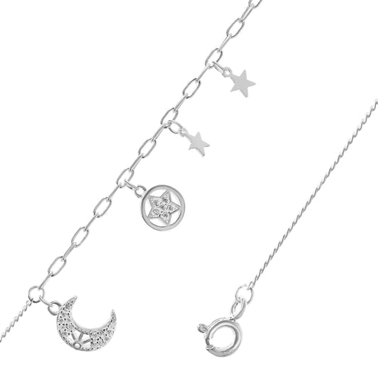 Tobillera de Plata - Luna con Circones y Estrellas
