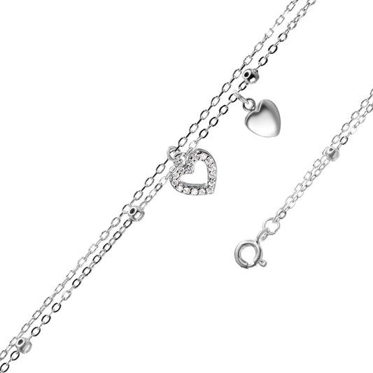 Tobillera de Plata Doble Cadena con Colgantes Corazón y Circones