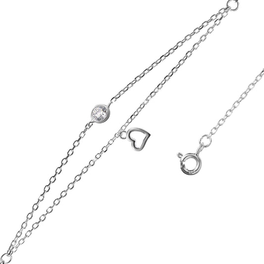 Tobillera de Plata Doble Cadena con Dije Corazón y Circón