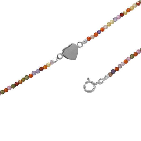 Tobillera de Plata Placa Corazón con Agatas de Colores